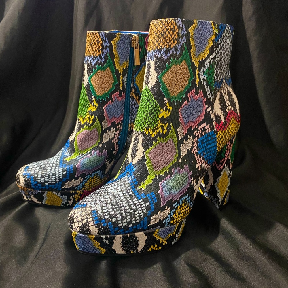 Faux Leather Multicolor Snake Print Platform Heeled Boots
